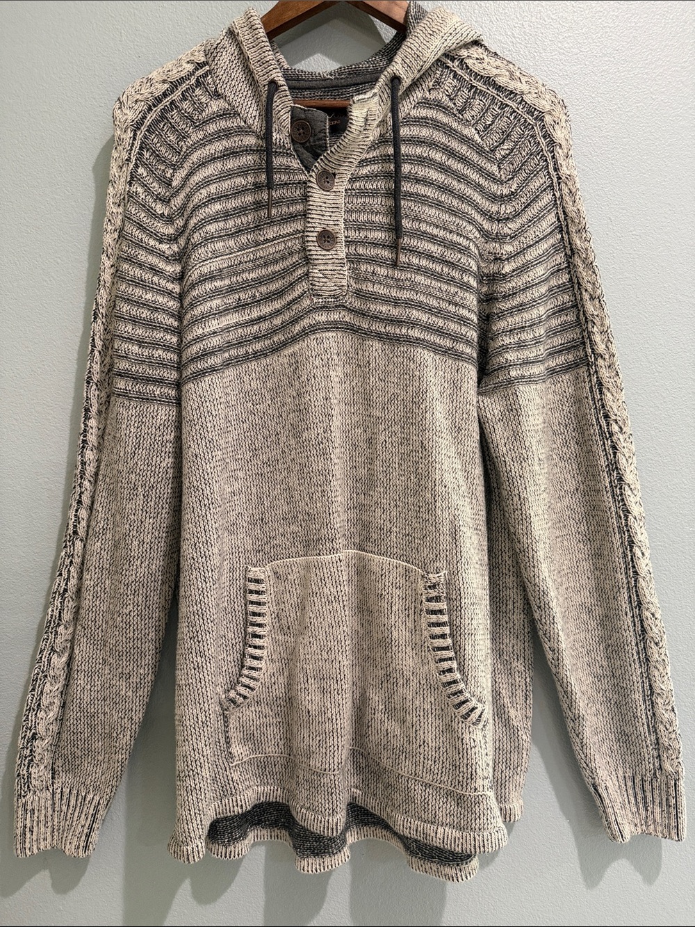 Outpost Makers Henley Button Ribbed Cable Knit Hooded Sweater Kangaroo Pocket XL
